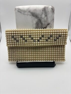 Vintage Beaded Rhinestone Envelope Clutch - Ivory